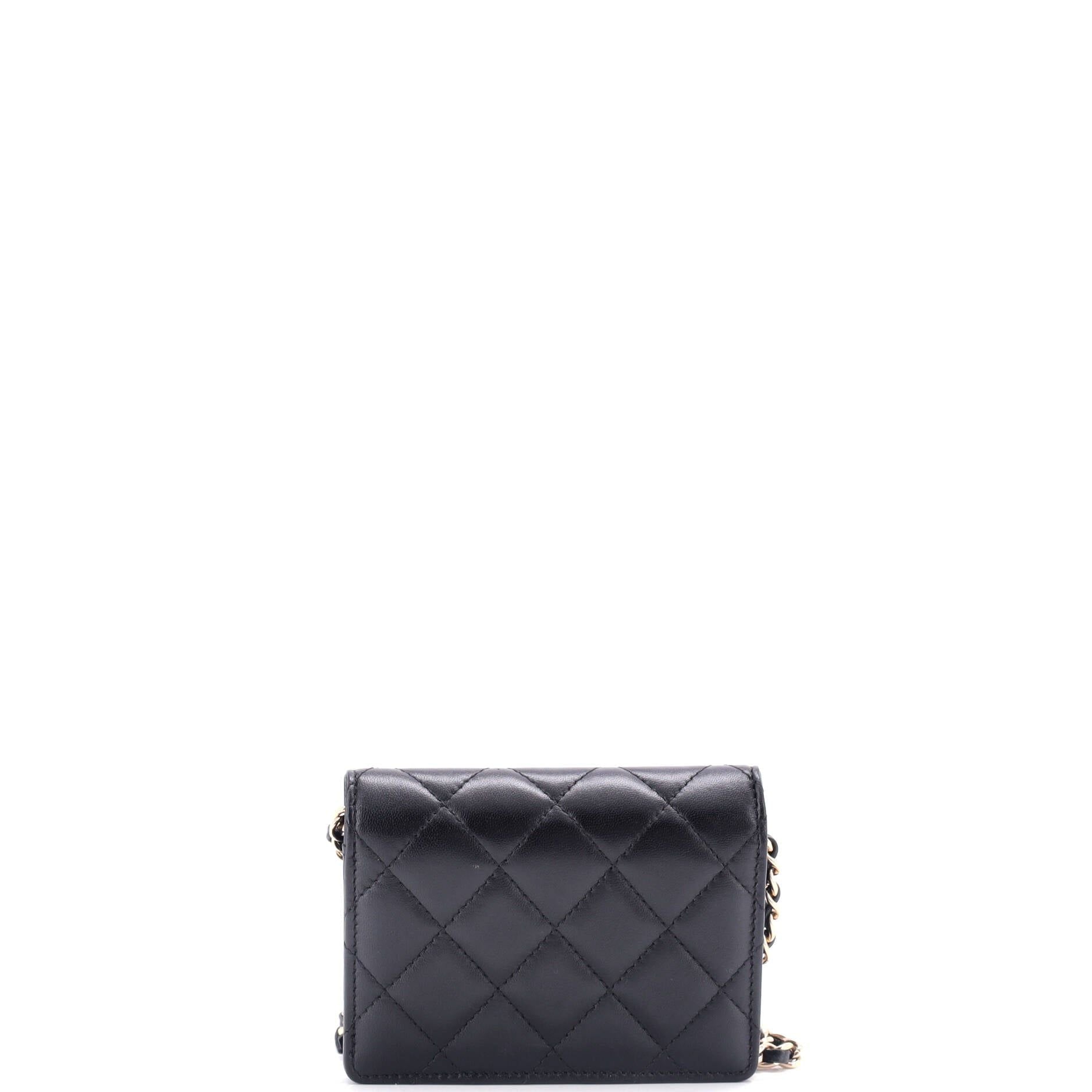 Chanel Camellia Bow Flap Card Holder With Chain Quilted Lambskin