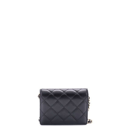 Chanel Camellia Bow Flap Card Holder With Chain Quilted Lambskin