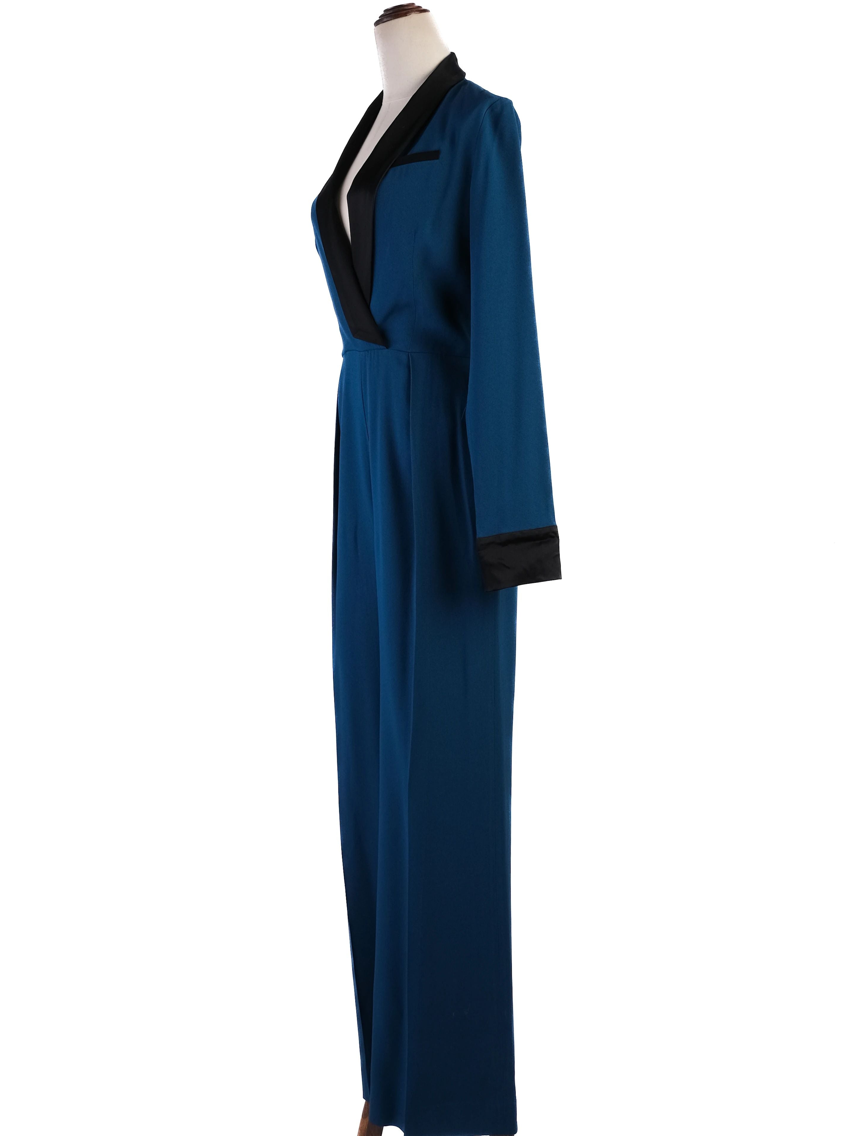 Excellent Rachel Zoe Teal Jumpsuit XS with Black Lapels &amp; Cuffs