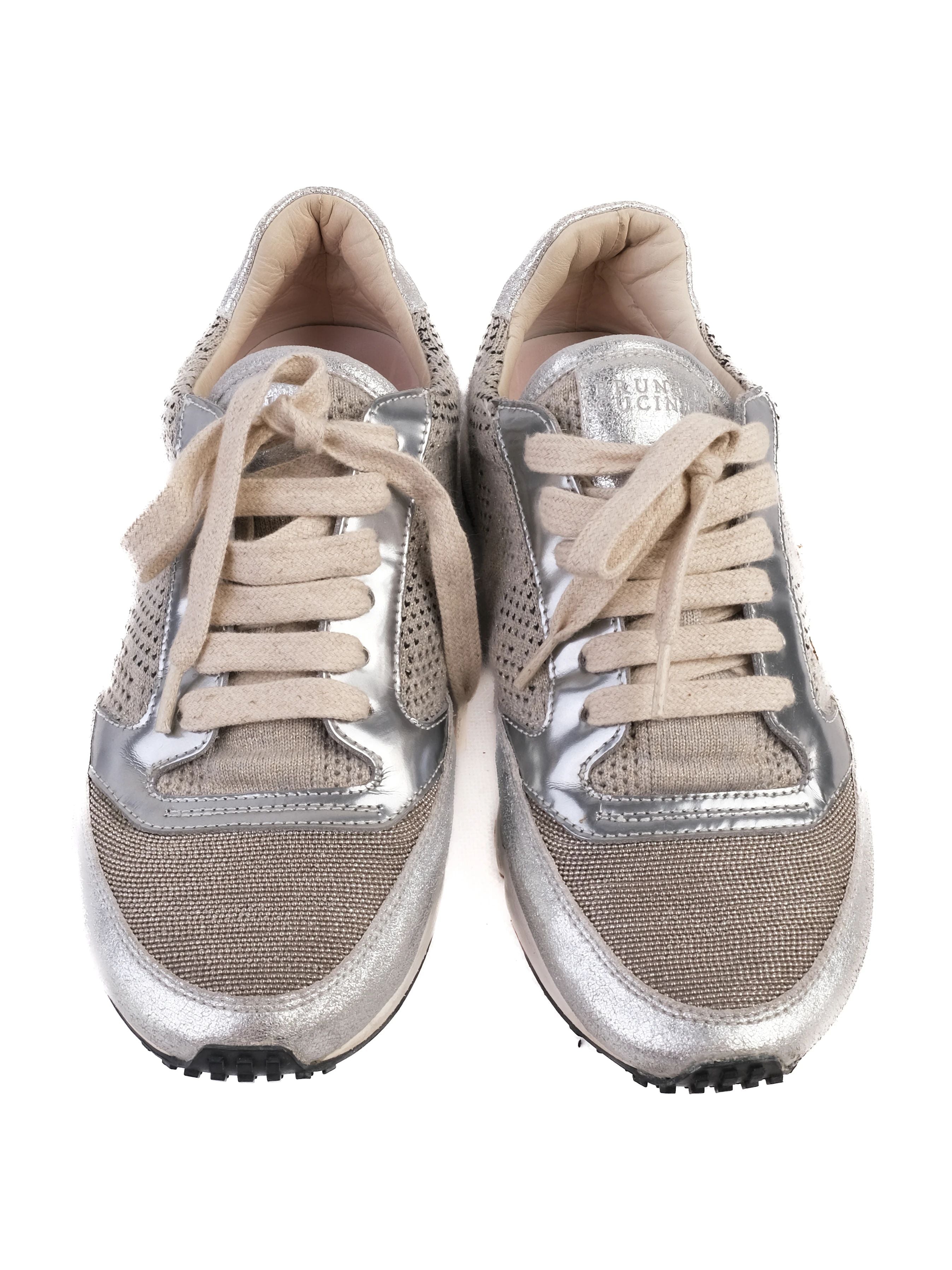 Excellent Brunello Cucinelli Gray Sneakers Size 38 Metallic Design