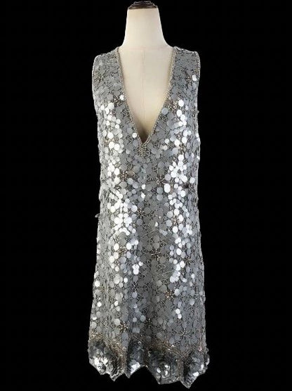 Excellent Gray Silk Sleeveless Dress with Sequin Embellishments