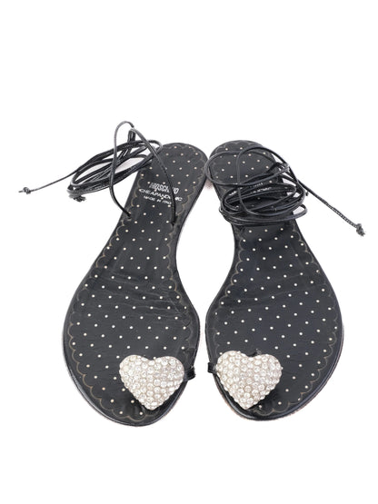 Excellent Moschino Black Leather Sandals Size 37 with Heart Embellishment