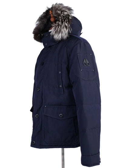 Excellent Moose Knuckles Navy Blue Parka Jacket with Fur Trim Size L