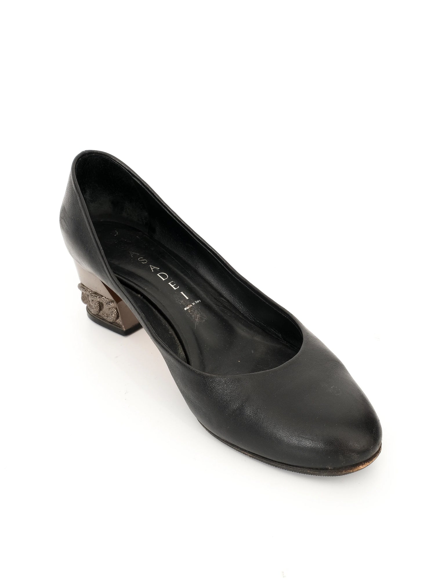 Excellent Casadei Black Leather Heels with Metallic Block Heel Size 36.5
