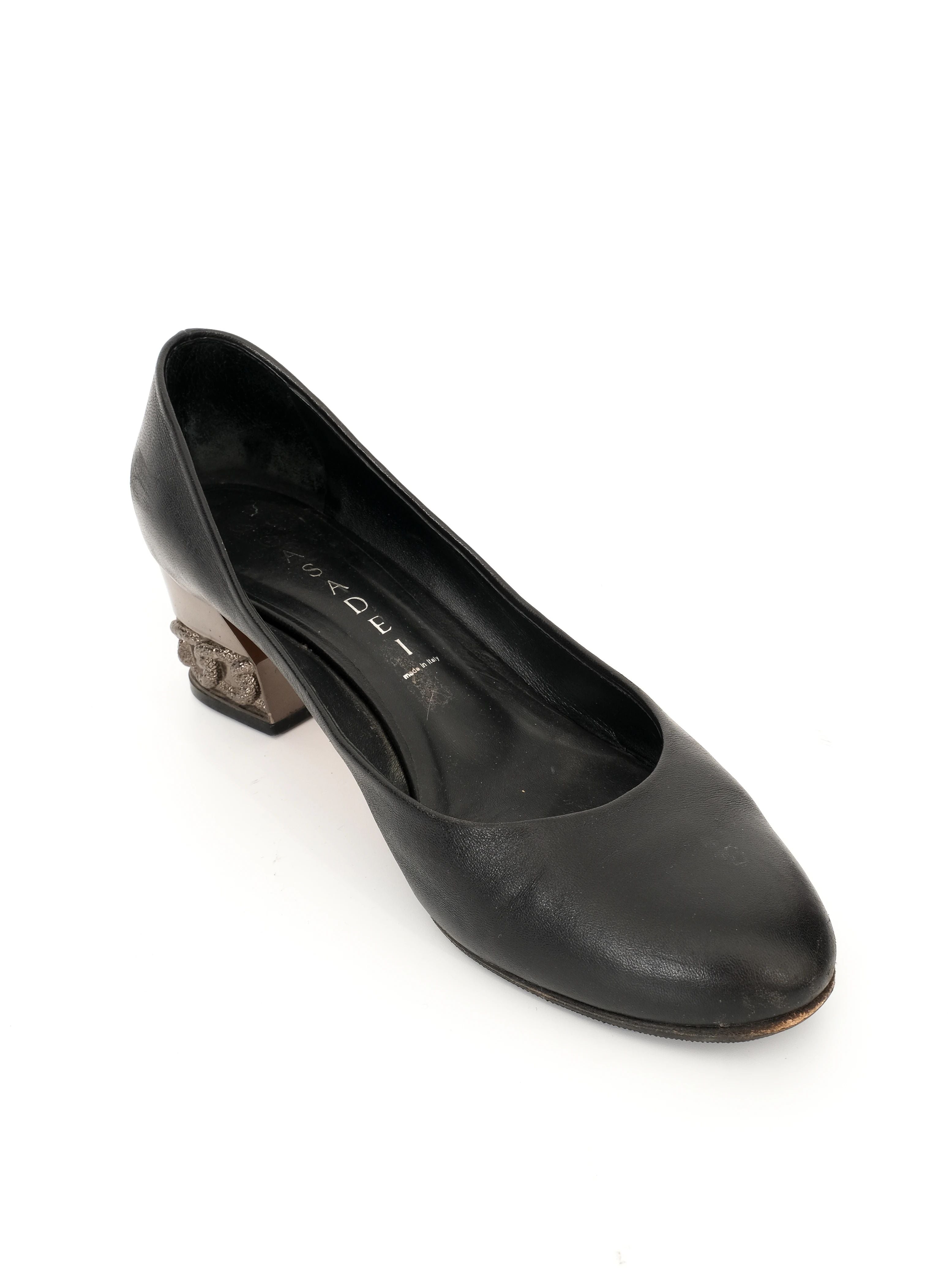 Excellent Casadei Black Leather Heels with Metallic Block Heel Size 36.5