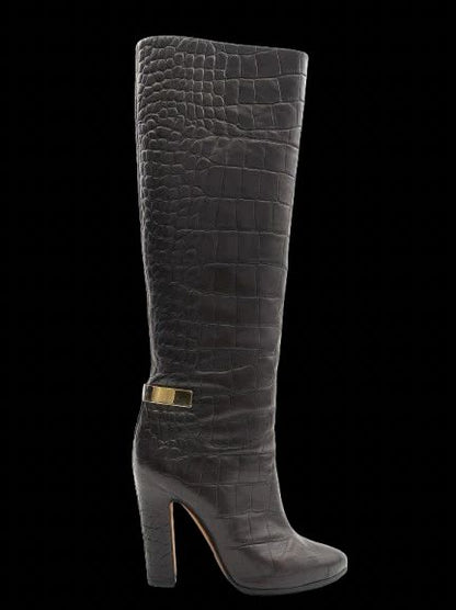 NEW Givenchy Black Leather Knee-High Boots with Gold Buckle Size 37.5