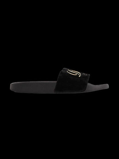 Perfect Dolce Gabbana Black Slides Size 39 with Gold D.G Logo