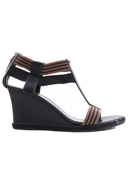Perfect Fendi Black Leather Wedge Sandals with T-Strap Design