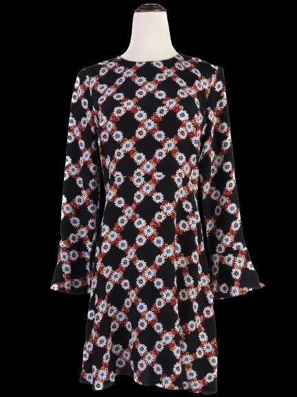 Excellent Sandro Black Silk Dress Size S Floral Pattern Long Sleeve