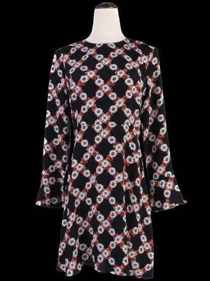 Excellent Sandro Black Silk Dress Size S Floral Pattern Long Sleeve
