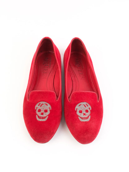 Good Alexander McQueen Red Velvet Slipper Shoes with Silver Skull Size 36