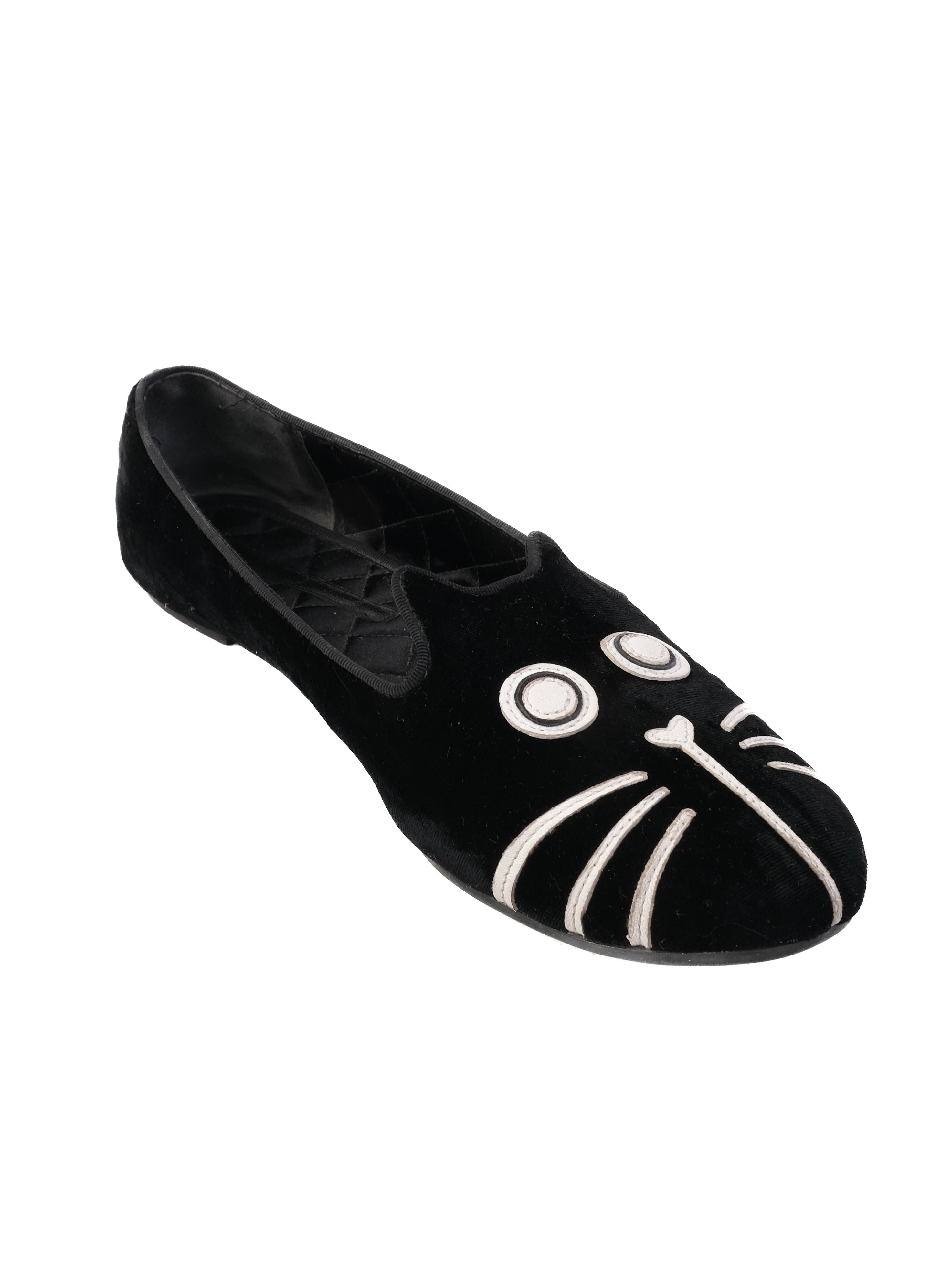 NEW Marc Jacobs Black Velvet Cat Face Flat Shoes Size 41