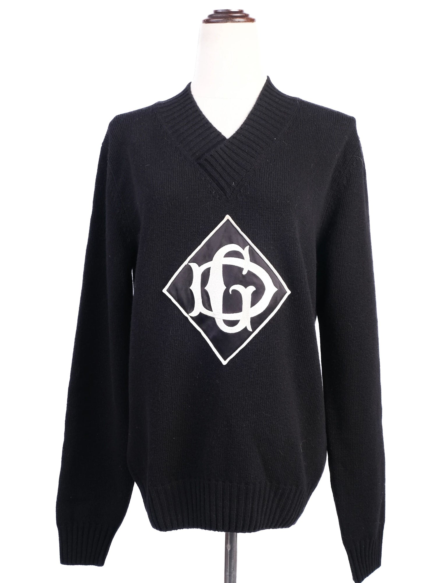 Excellent Dolce Gabbana Black Wool V-Neck Sweater with Logo