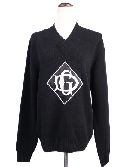 Excellent Dolce Gabbana Black Wool V-Neck Sweater with Logo