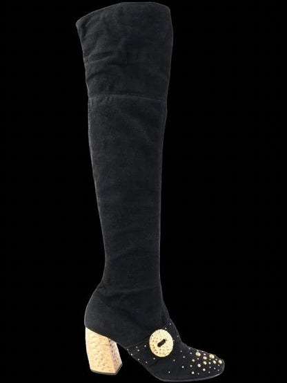 Excellent Prada Black Leather Thigh-High Boots Size 40 with Gold Accents