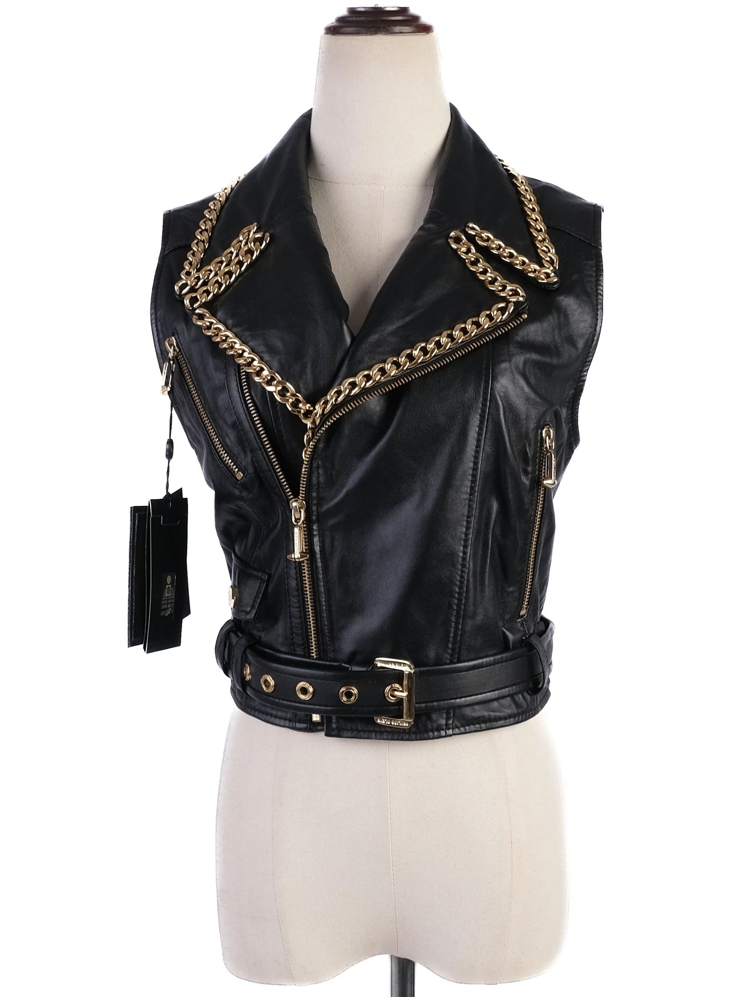 NEW Phillipp Plein Black Leather Vest M with Gold Chain Accents