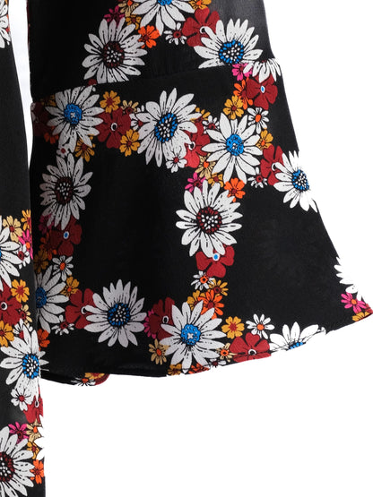 Excellent Sandro Black Silk Dress Size S Floral Pattern Long Sleeve