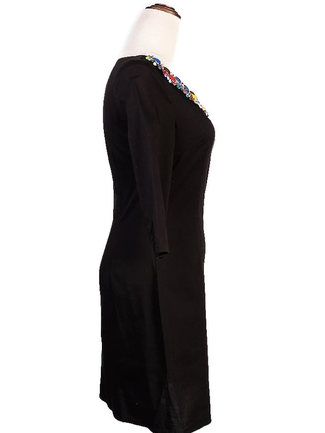Excellent DKNY Black Cotton Dress XS with Colorful Embellished Neckline
