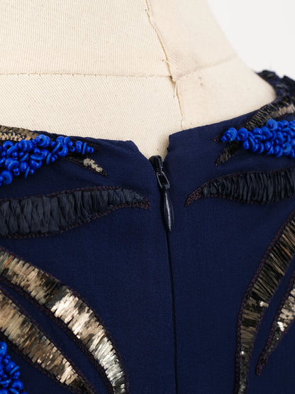 Excellent Dark Blue Silk Gown with Floral Embellishments