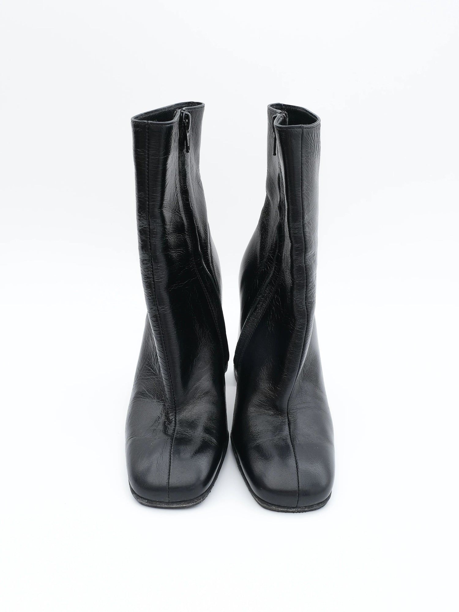 Excellent Black Leather Ankle Boots Square Heels Size 36