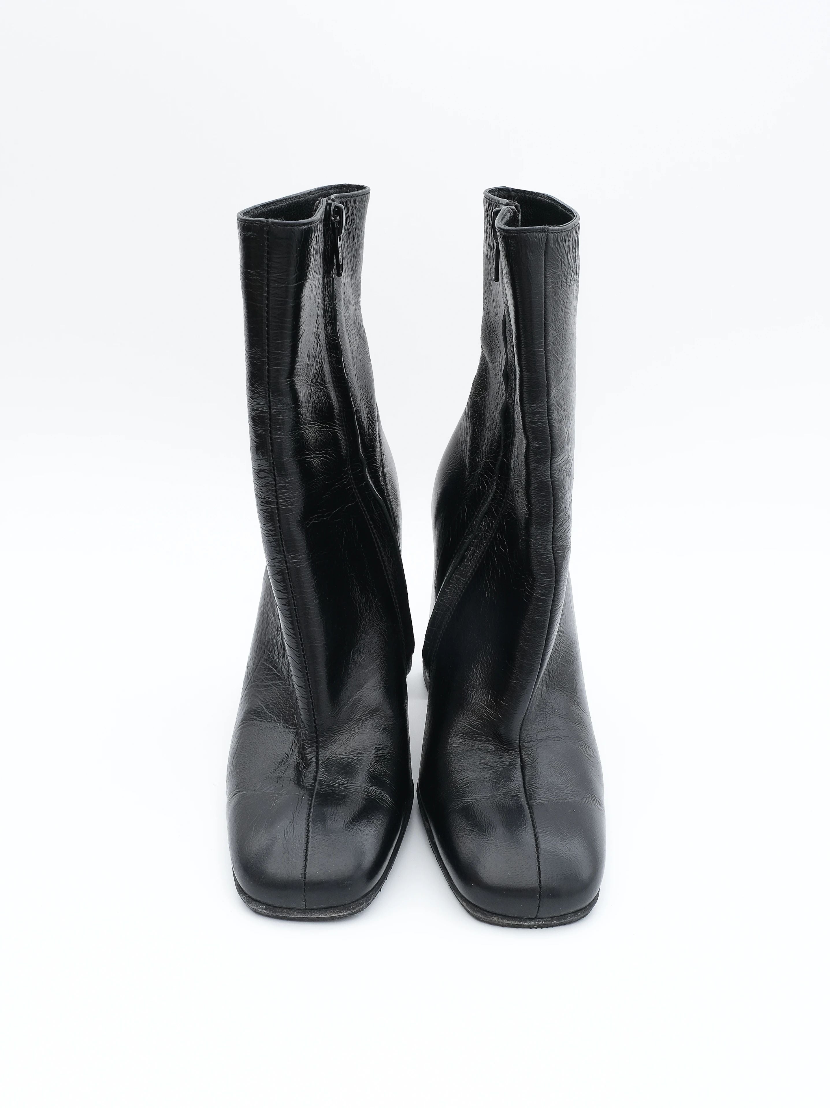 Excellent Black Leather Ankle Boots Square Heels Size 36
