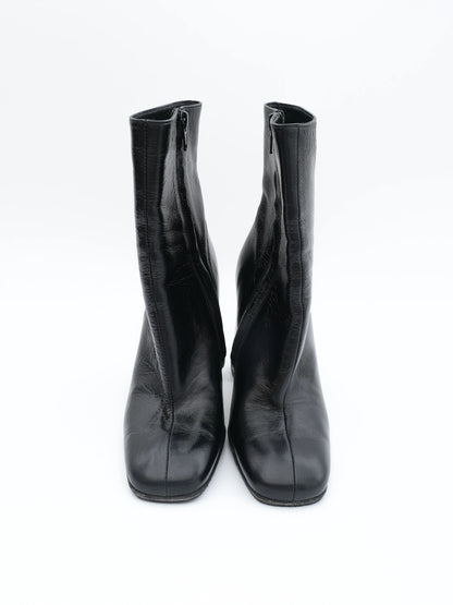 Excellent Black Leather Ankle Boots Square Heels Size 36
