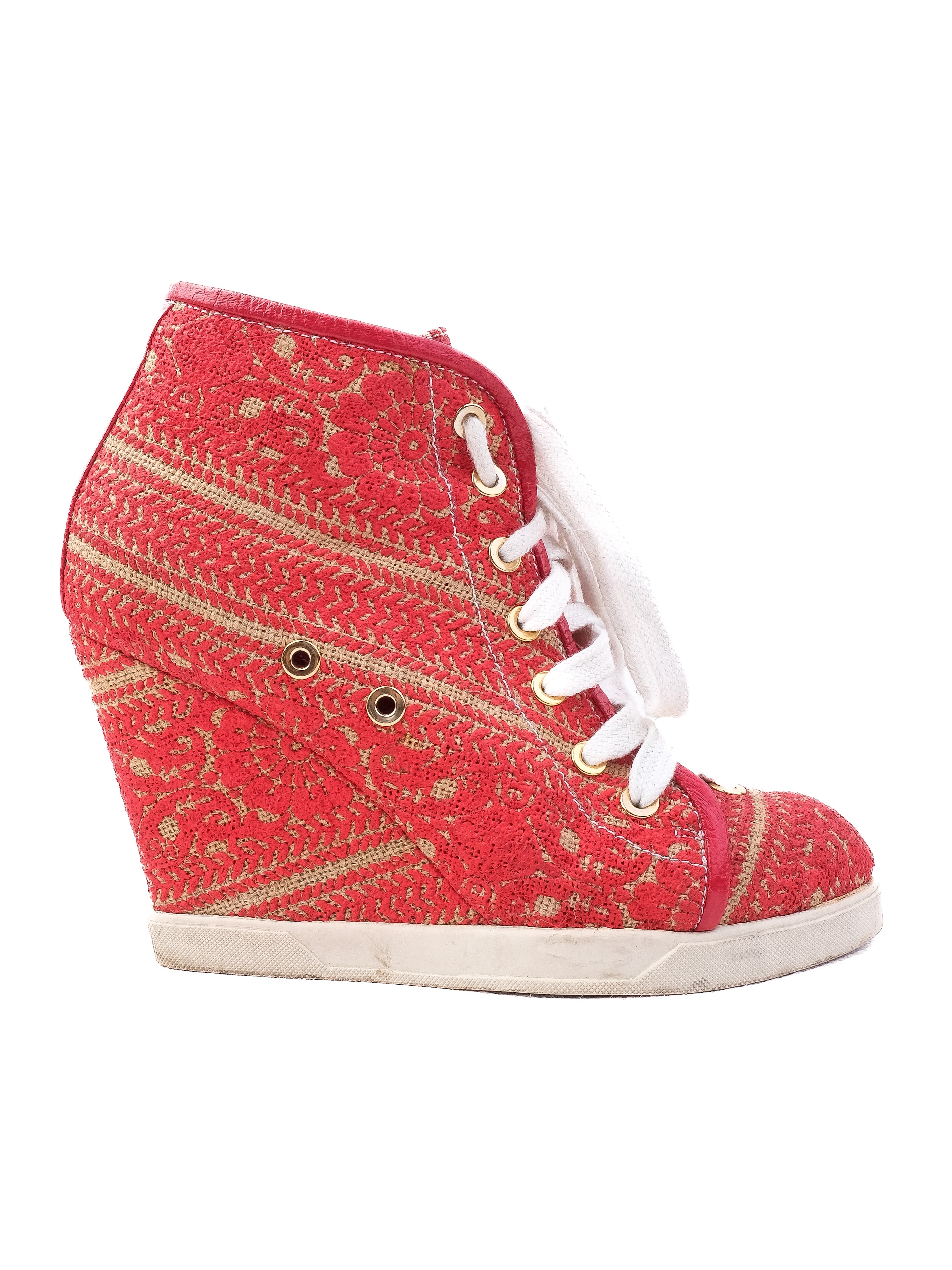 Excellent Judari Red Textile Wedge Heel Shoes Size 35 with White Laces