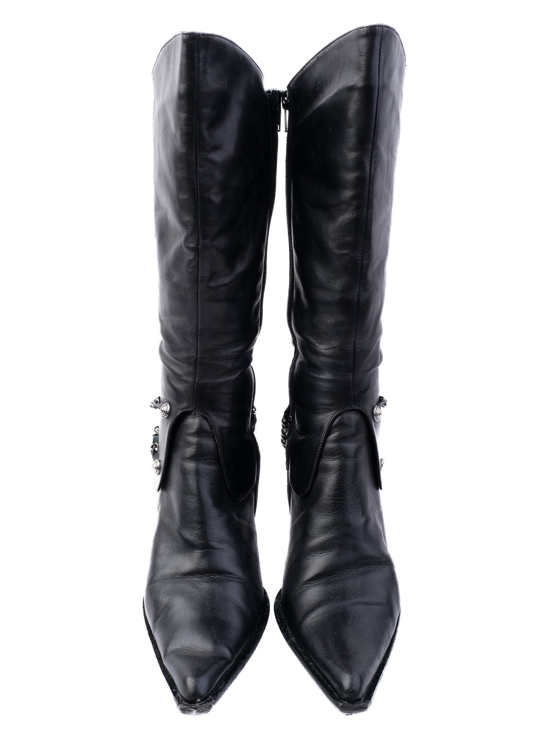 Excellent Fabi Black Leather Knee-High Boots Size 39 with Chains