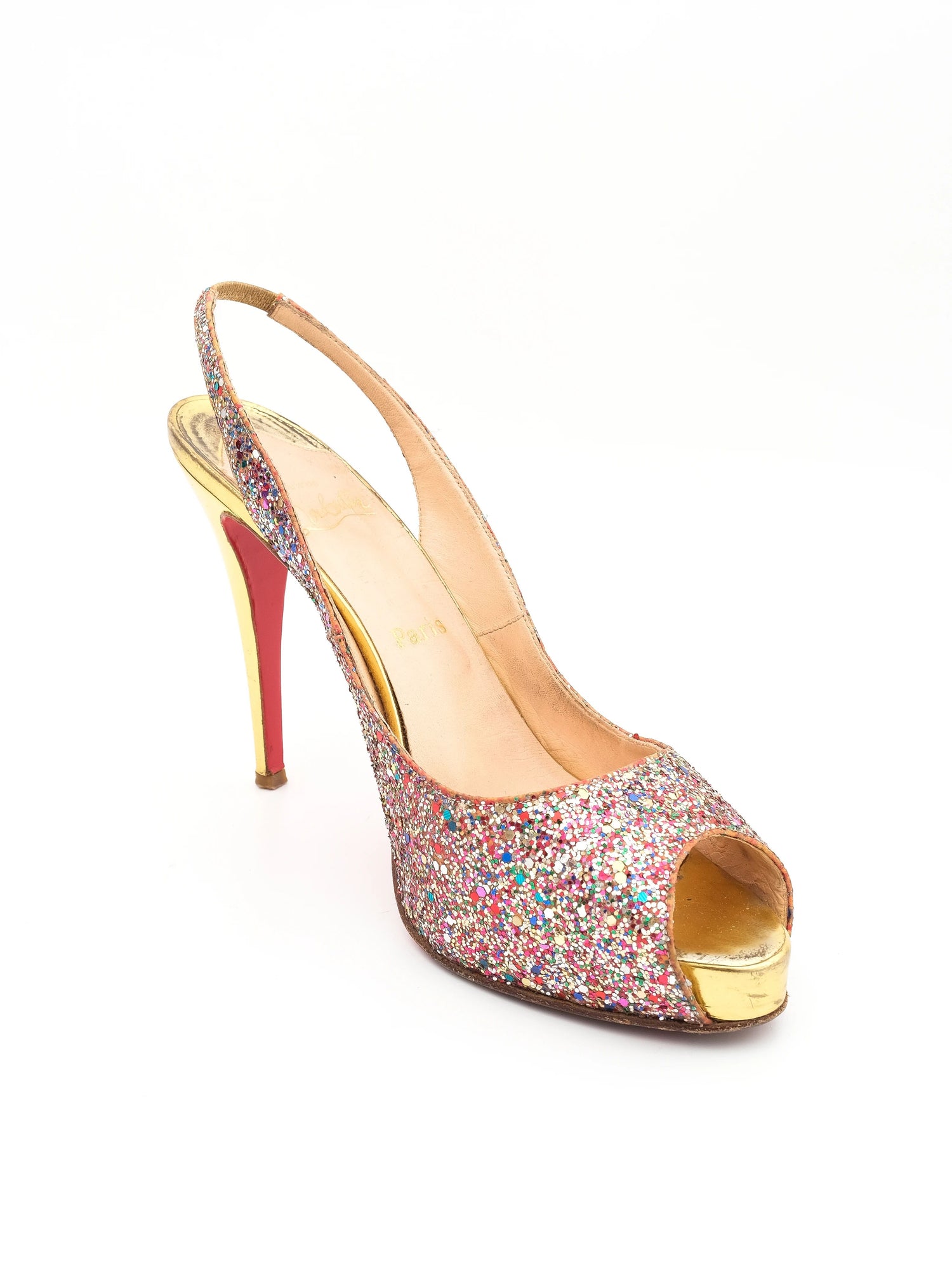 Good Condition Christian Louboutin Glitter Slingback Peep-Toe Heels Size 40