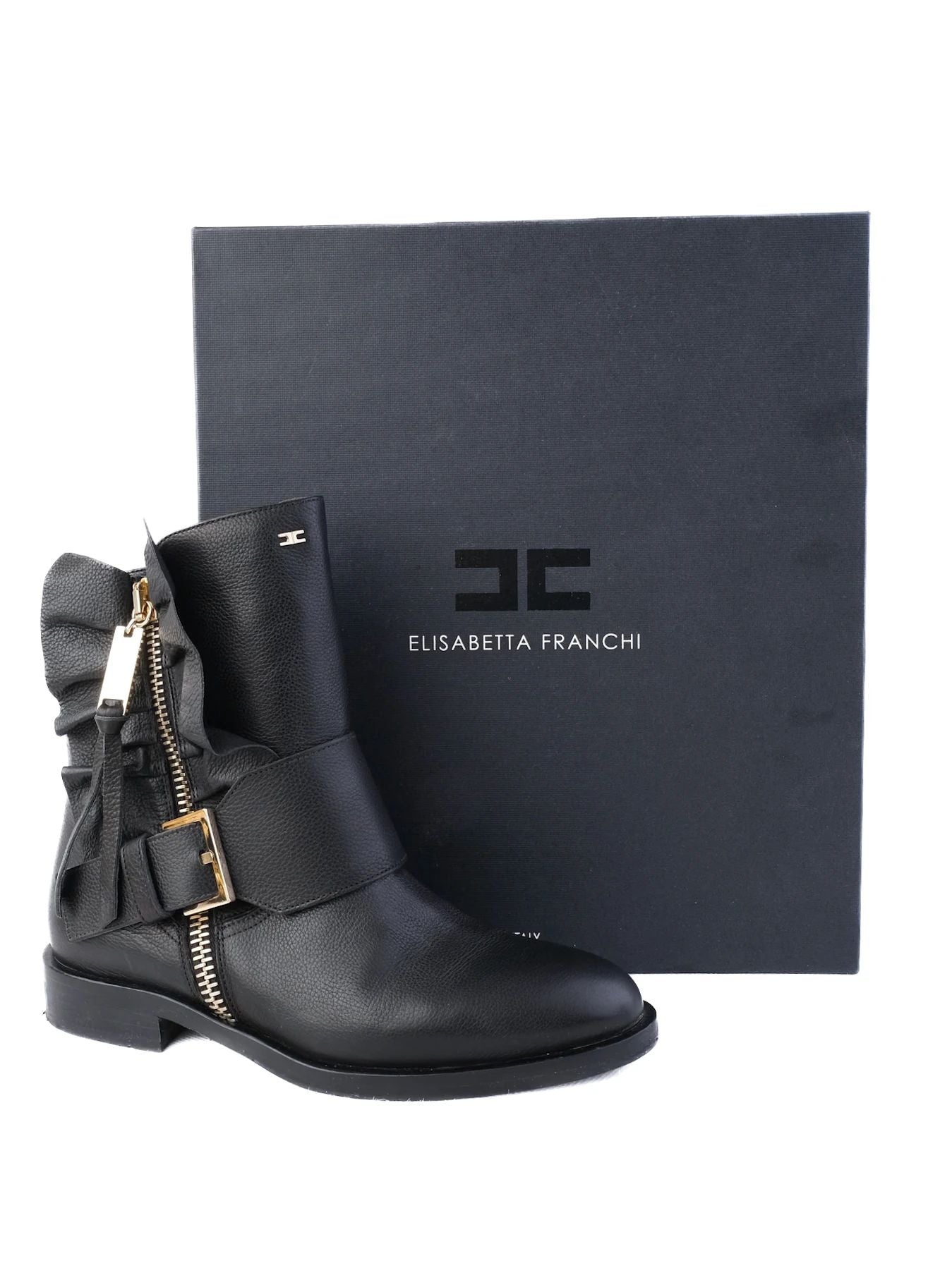 Excellent Elisabetta Franchi Black Leather Ankle Boots Size 36