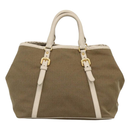 Prada Hand Bag Canvas Beige White Gold Auth