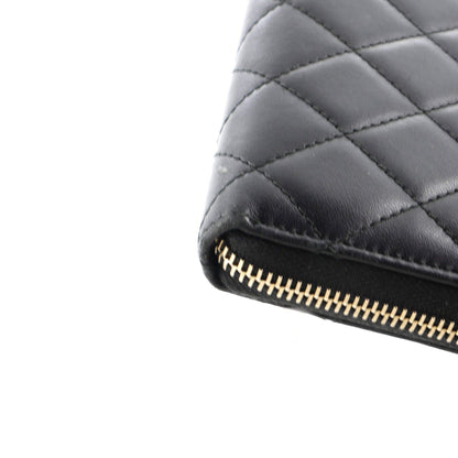Chanel Zip Around Wallet With Pearl Chain Quilted Lambskin Long