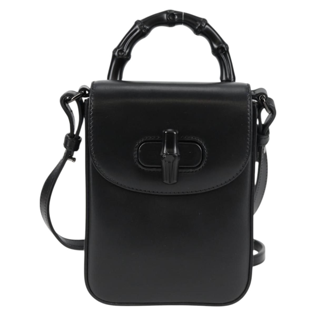 Gucci Calfskin Mini Bamboo Top Handle 3 Way Shoulder Bag Black