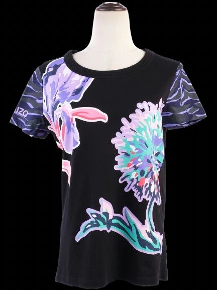 Excellent Kenzo Black Cotton T-Shirt with Colorful Floral Design, XS