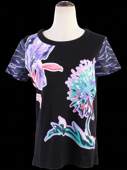 Excellent Kenzo Black Cotton T-Shirt with Colorful Floral Design, XS