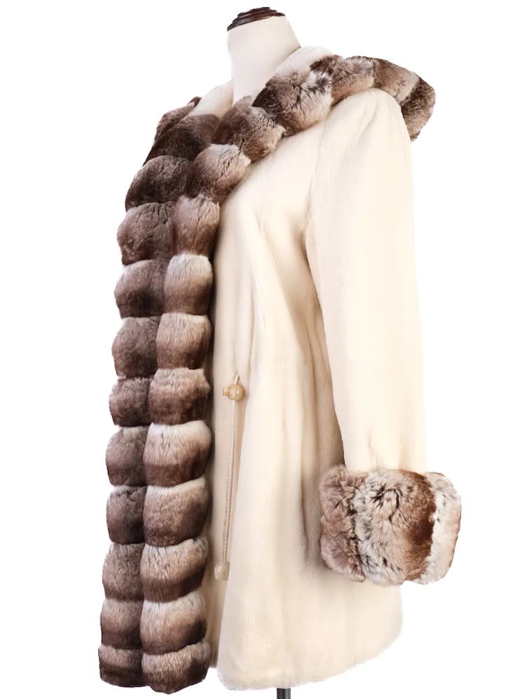 Excellent Yves Salamon White Fur Coat with Brown Trim Size M