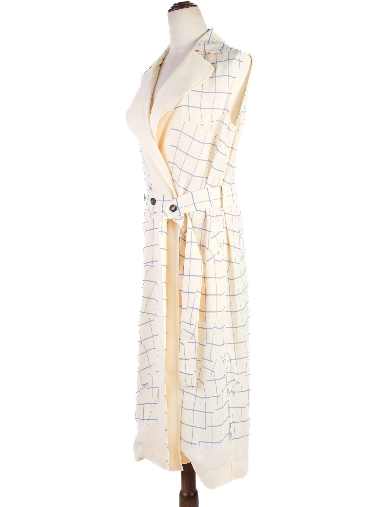 Victoria Beckham Sleeveless Trench Coat Blue Grid Pattern XS Excellent