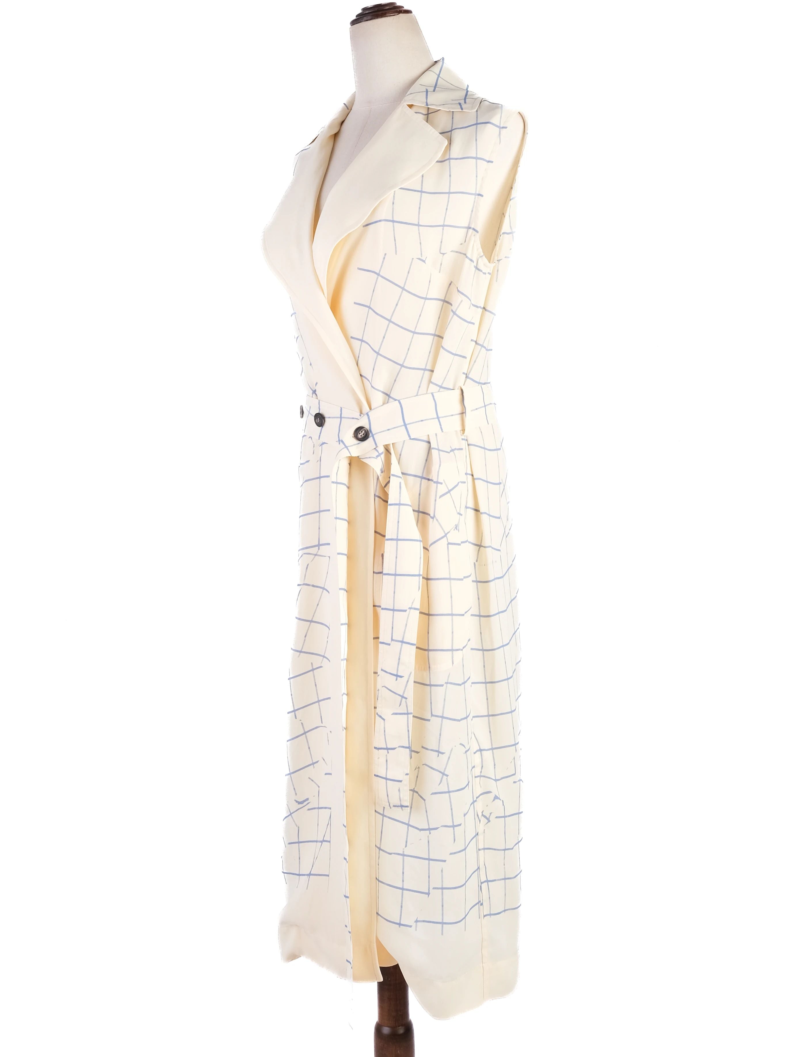 Victoria Beckham Sleeveless Trench Coat Blue Grid Pattern XS Excellent