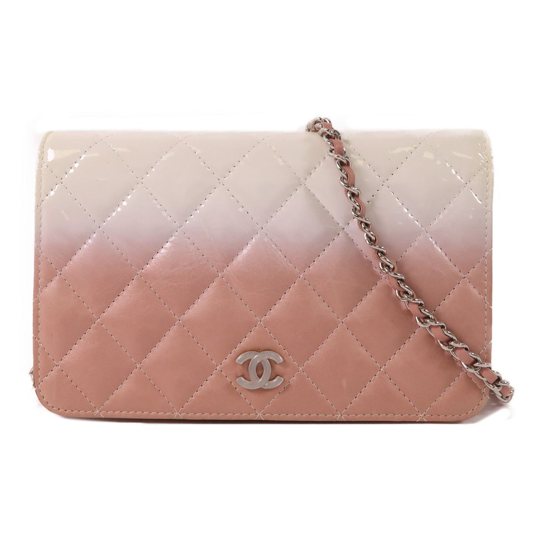 Chanel White Pink/white Lacquer Leather/cowhide Leather Woc Wallet On Chain Silver Cross Shoulder Bag