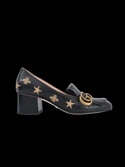 Gucci Black Leather Block-Heeled Loafers with Embroidered Details Size 36.5