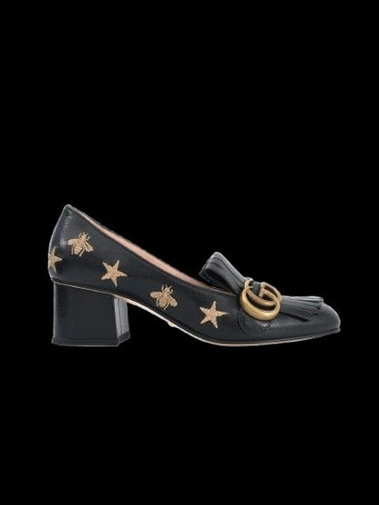 Gucci Black Leather Block-Heeled Loafers with Embroidered Details Size 36.5