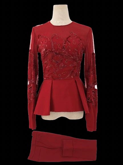Excellent Elie Saab Red Silk Peplum Blouse Size S with Bead Embellishments