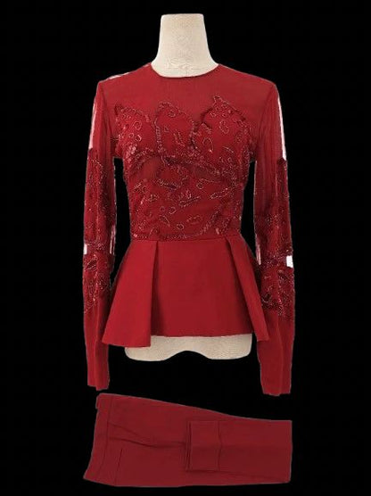 Excellent Elie Saab Red Silk Peplum Blouse Size S with Bead Embellishments