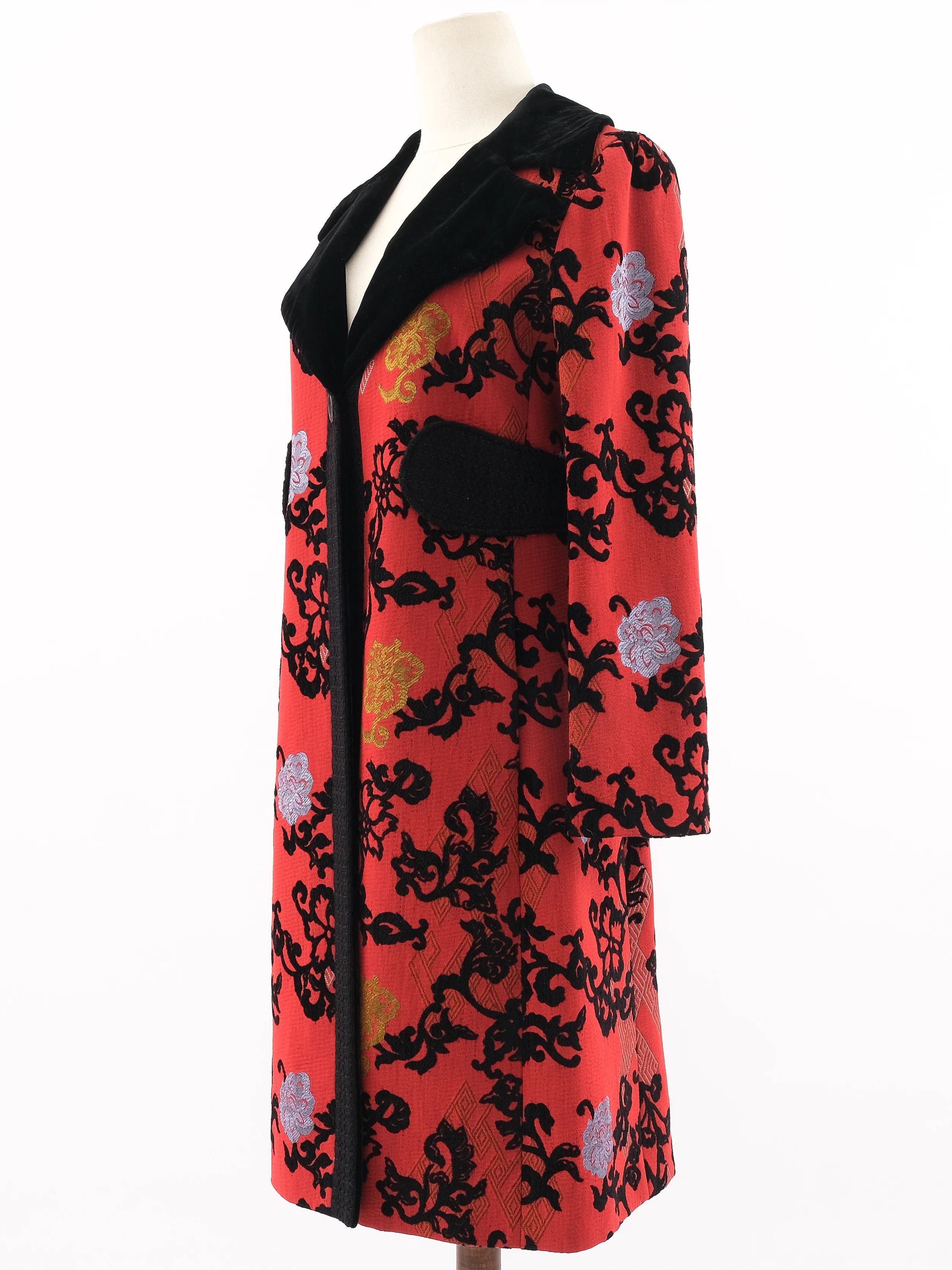 Excellent Etro Red Wool Floral Patterned Coat Size M
