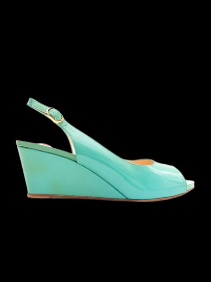 NEW Ballin Blue Leather Wedge Sandals Size 41 with Gold Hardware