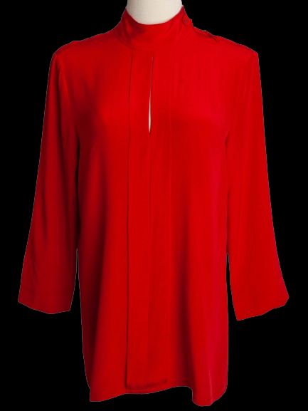 Good JAEGER Red Silk Blouse Size S with High Collar and Loose Fit