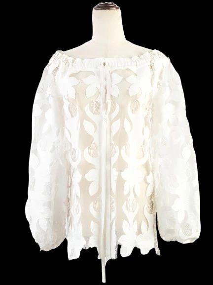 Excellent Anne Fontaine White Sheer Blouse Size M Floral Cut-Out Design