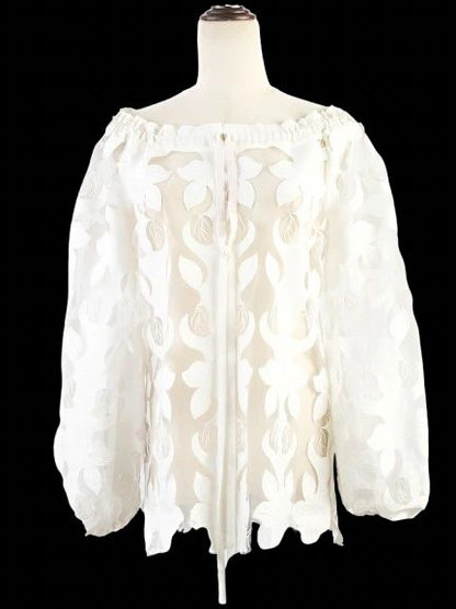 Excellent Anne Fontaine White Sheer Blouse Size M Floral Cut-Out Design