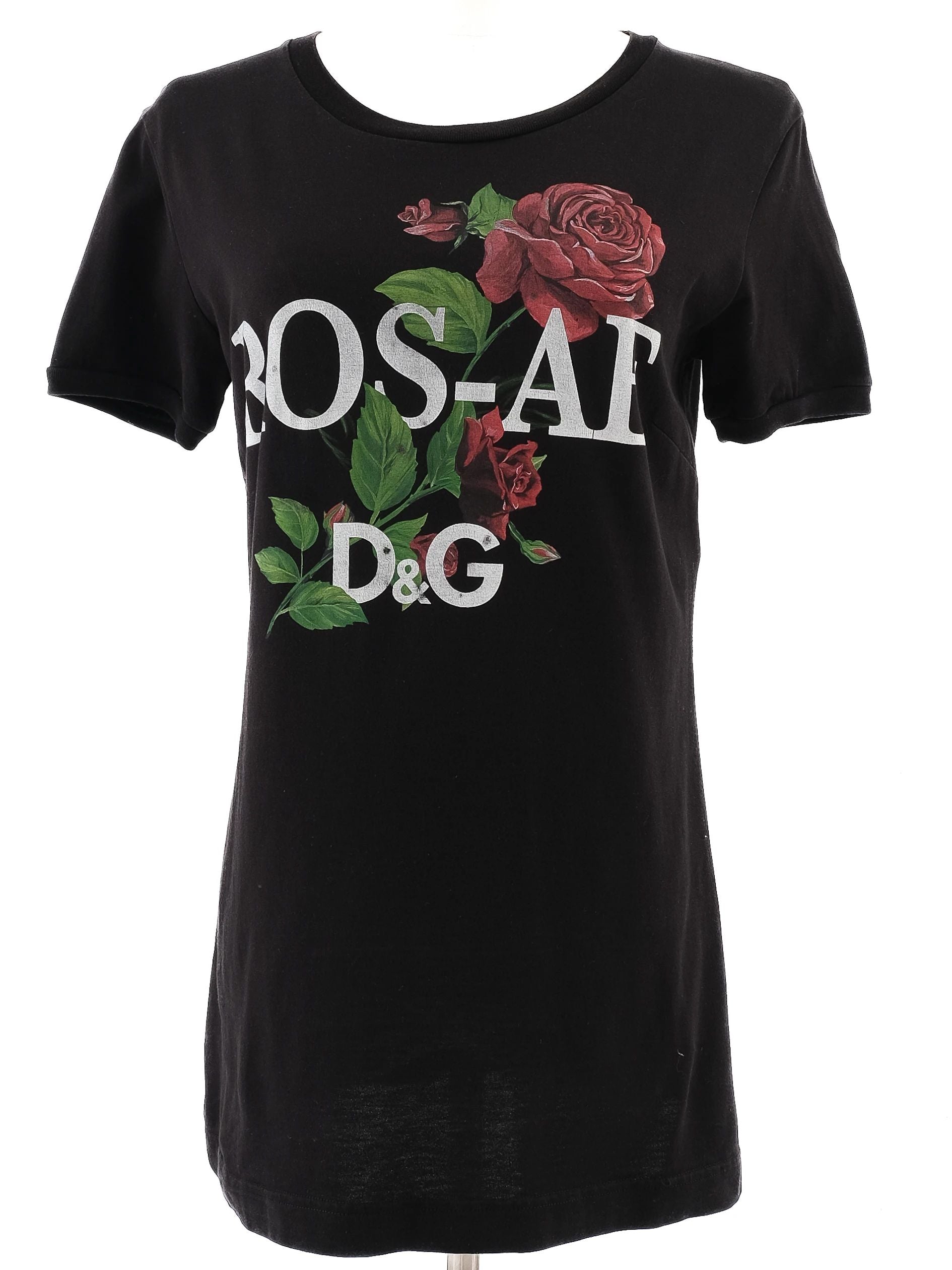 Excellent Dolce Gabbana Black Cotton T-Shirt Size M with Rose Graphics