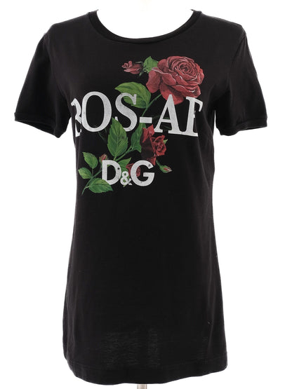 Excellent Dolce Gabbana Black Cotton T-Shirt Size M with Rose Graphics